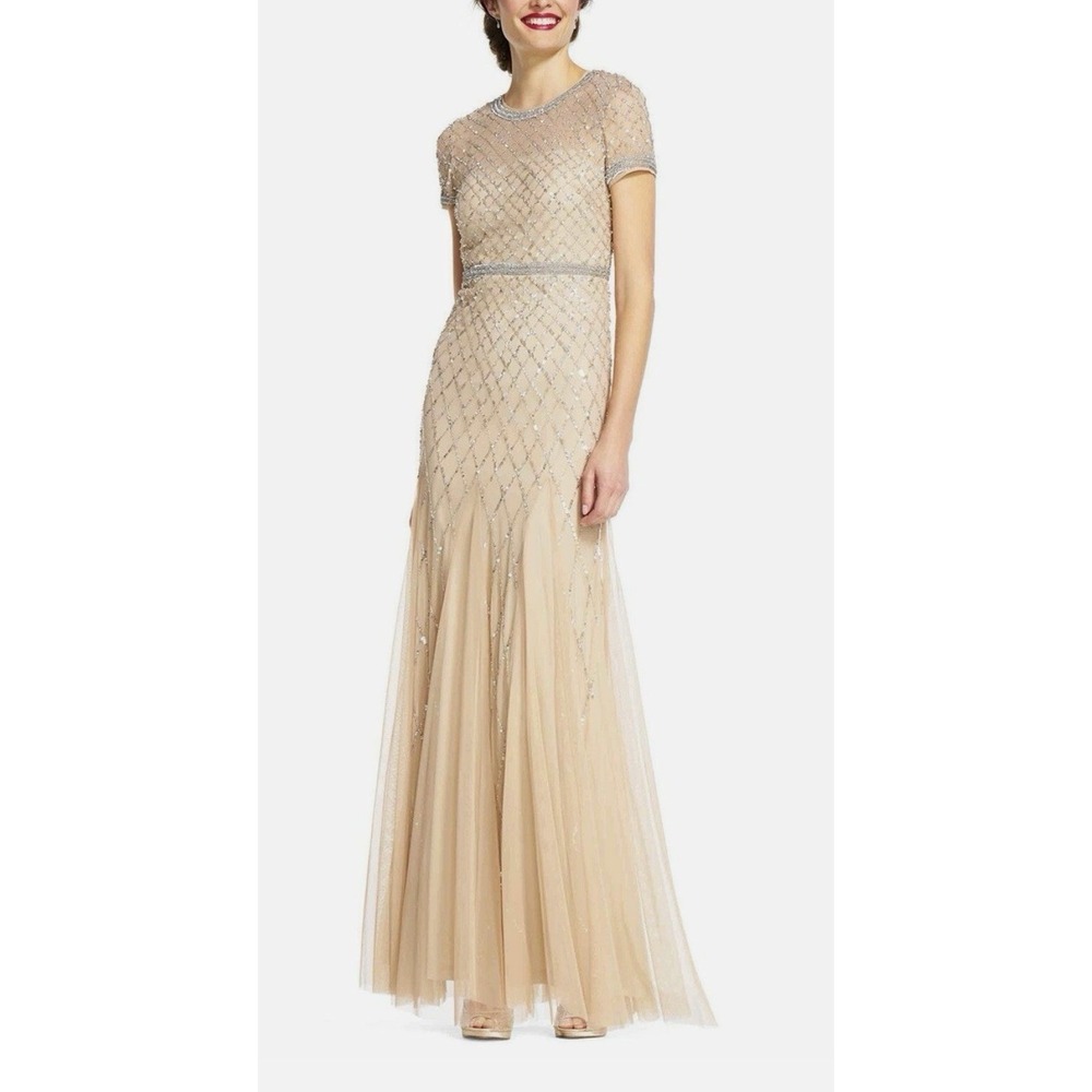 Adrianna Papell Cap Sleeve Beaded Mesh Gown Size 14 Champagne Maxi